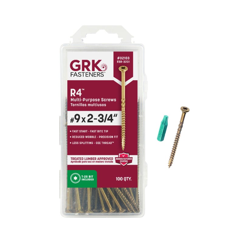 GRK Fasteners R4#9 x 2-3/4 Inch, Multi-Purpose Framing Screws, 100 PCS, Rust Resistant Climatek Coating, Outdoor Fencing and Deck Screws, Fast Bite Tip, Star Drive Recess, T-25 Bit Included, Gold - Image 1